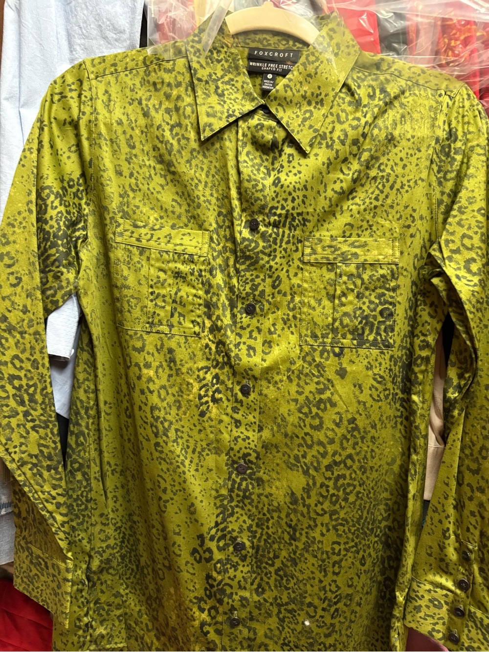 Foxcroft Olive Green Leopard-Print Button-Down Shirt